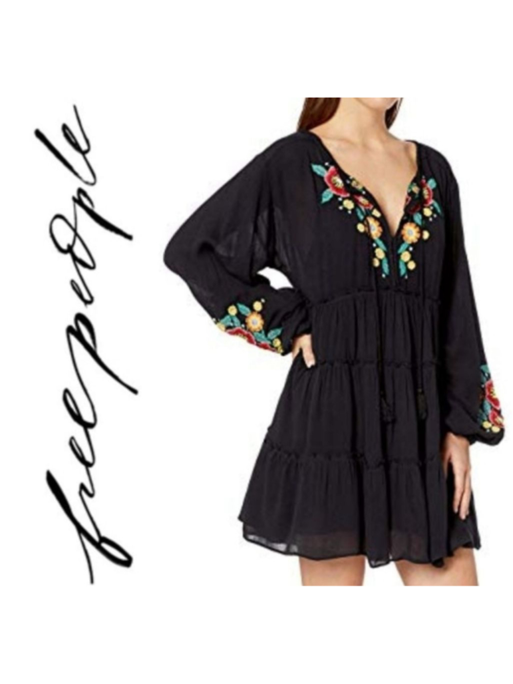 FREE PEOPLE Spell‎ On You Black Embroidered Long Sleeve Shift Mini Dress S - Picture 2 of 8